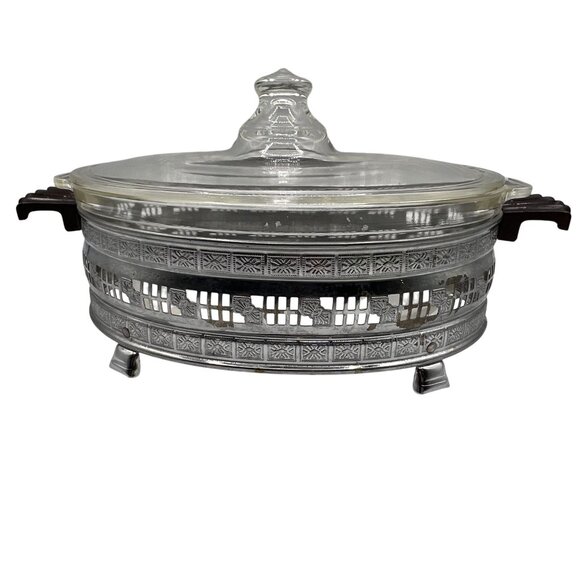 Pyrex 1.5qt Vintage Oval Glass Casserole Dish Etched Silver Plated Footed Holder - Picture 13 of 16